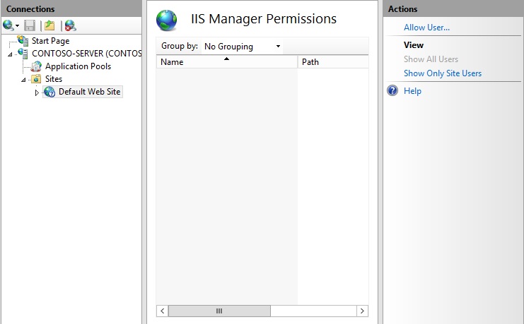 I S Manager 权限窗格的屏幕截图。右侧显示“操作”窗格。“允许用户”按钮位于“操作”窗格中。