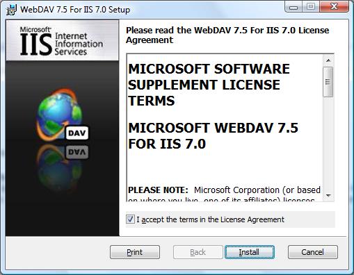 Screenshot that shows the Web DAV 7 point 5 For I I S 7 point 0 Setup installation window.