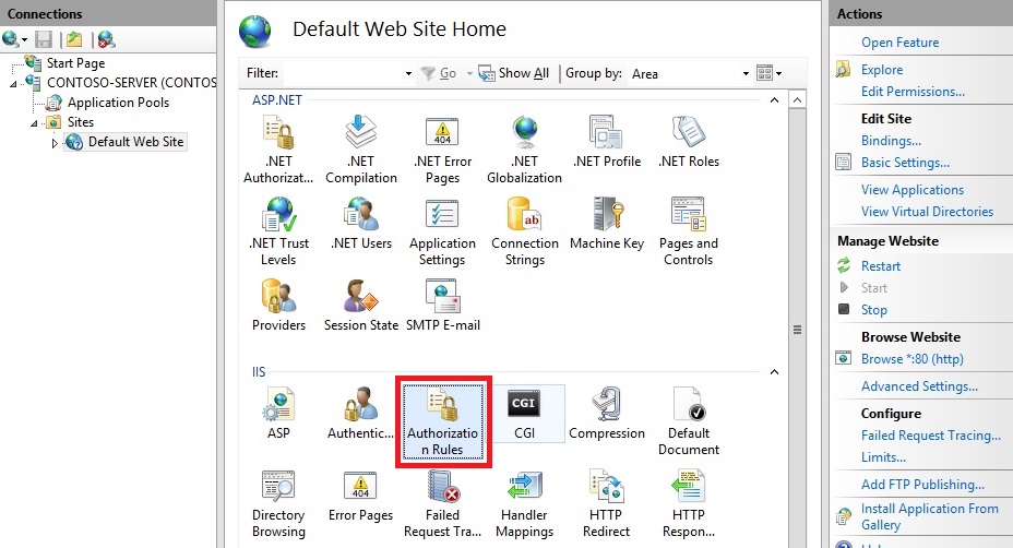 Screenshot that shows the Default Web Site Home pane. Authentication Rules is highlighted.
