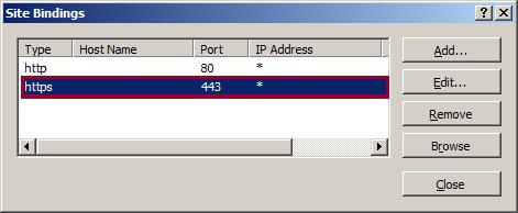Screenshot of the Site Binding dialog with both the H T T P and H T T P S bindings.