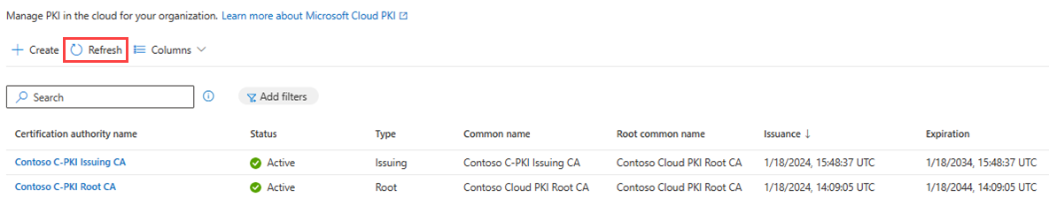 显示新颁发 CA 的 Microsoft Cloud PKI 列表的图像。