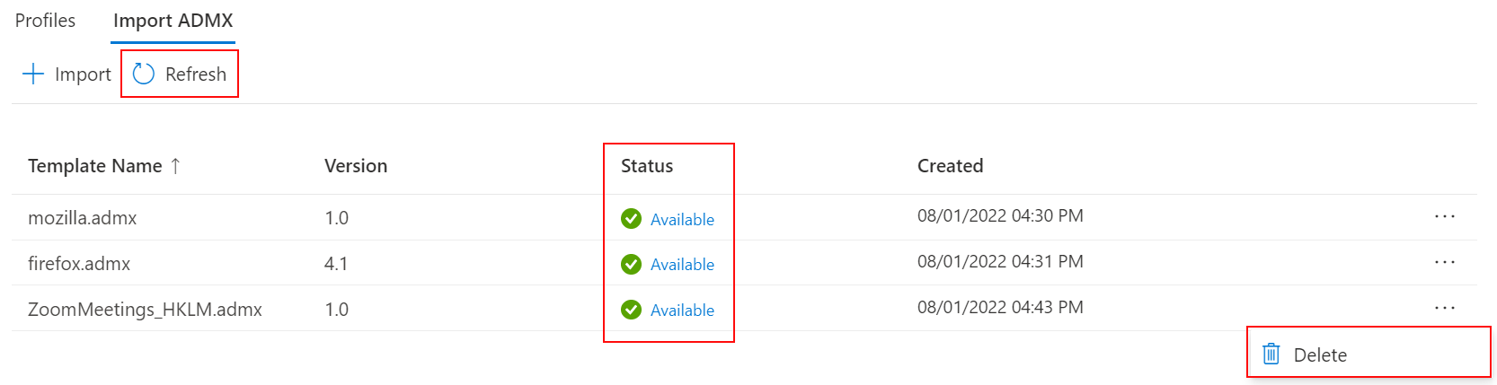 显示如何在 Microsoft Intune 和 Intune 管理中心刷新和删除导入的自定义 ADMX 和 ADML 管理模板的屏幕截图。