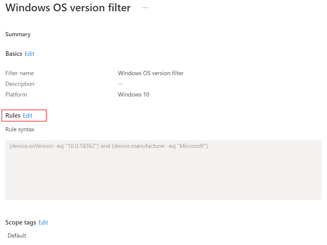 显示如何在 Microsoft Intune 中更改或更新现有分配筛选器的屏幕截图。