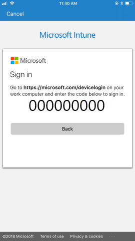 提供从工作计算机使用唯一密码转到 https://microsoft.com/devicelogin 页面的说明，然后使用代码登录。