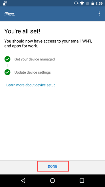 公司门户“公司访问设置”屏幕的屏幕截图，其中显示了已完成的设置，并突出显示了“完成”按钮。