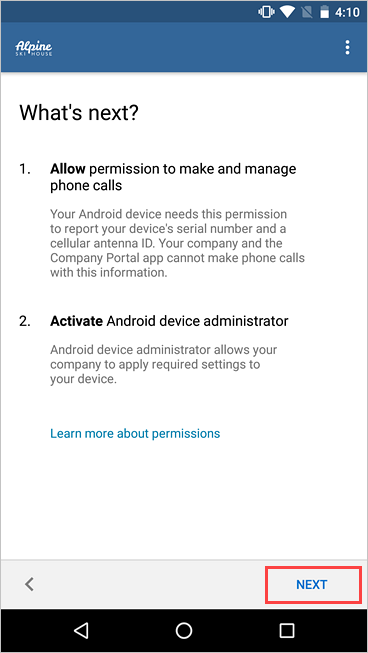 “公司门户”的屏幕截图，其中突出显示了“下一步”按钮。