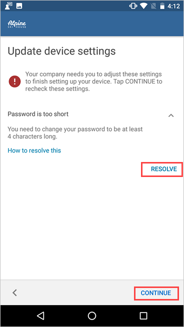 公司门户“更新设备设置”的屏幕截图，其中突出显示了“解决”和“继续”按钮。