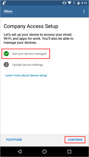 公司门户“公司访问设置”屏幕的屏幕截图，其中显示“管理设备已完成”。