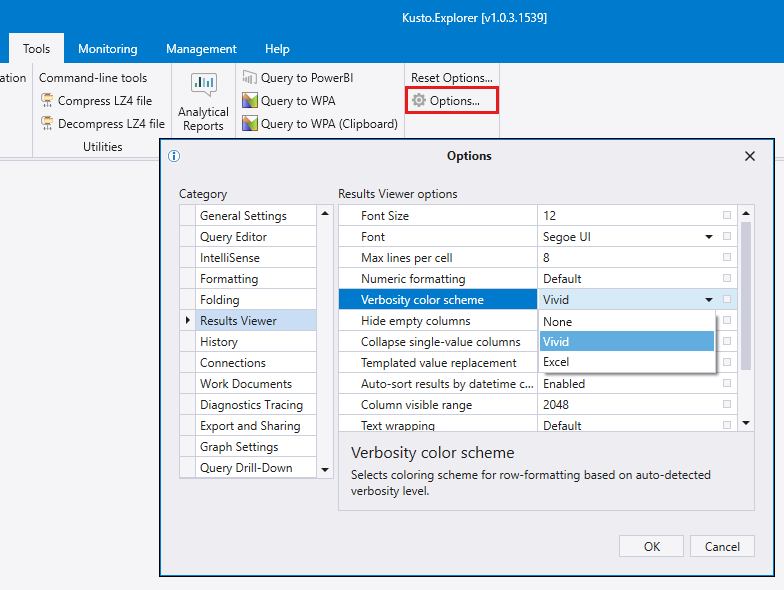 Kusto Explorer 配色方案修改的屏幕截图。
