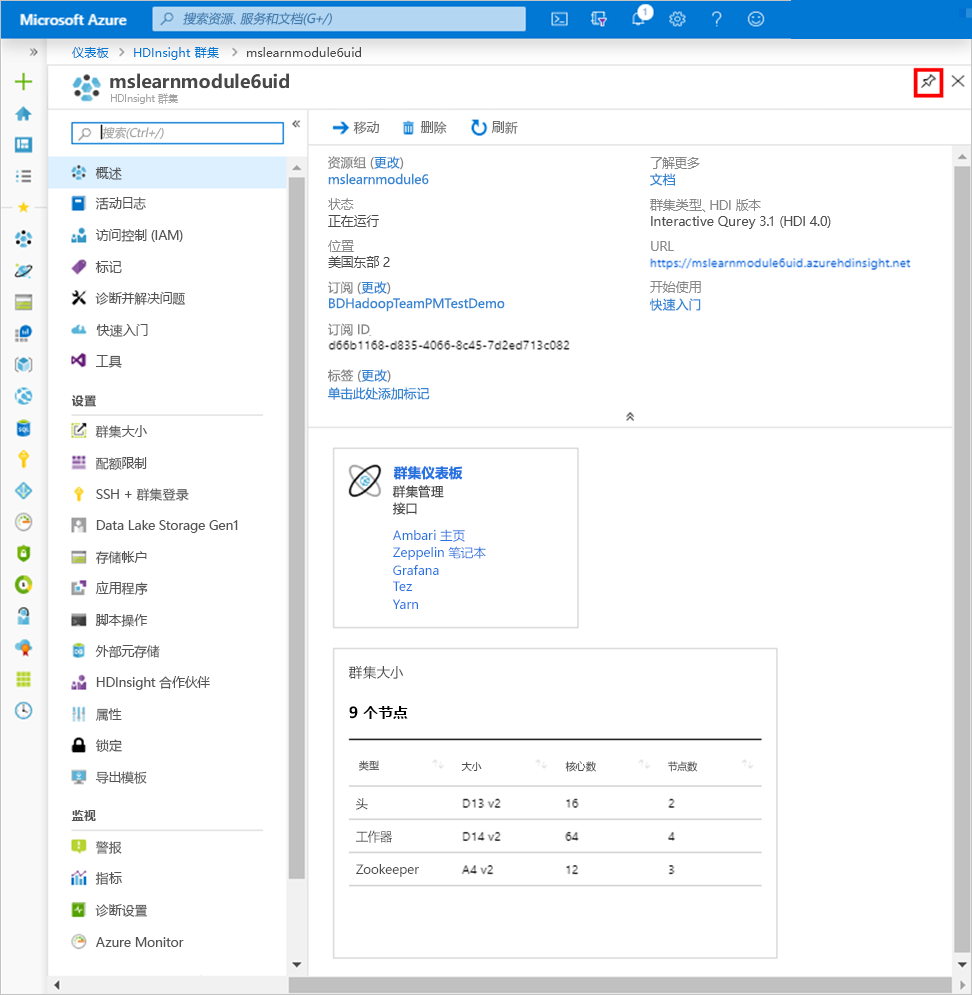 The HDInsight overview screen in the Azure portal.