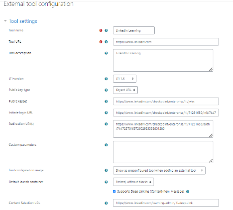Completed Moodle tool settings menu