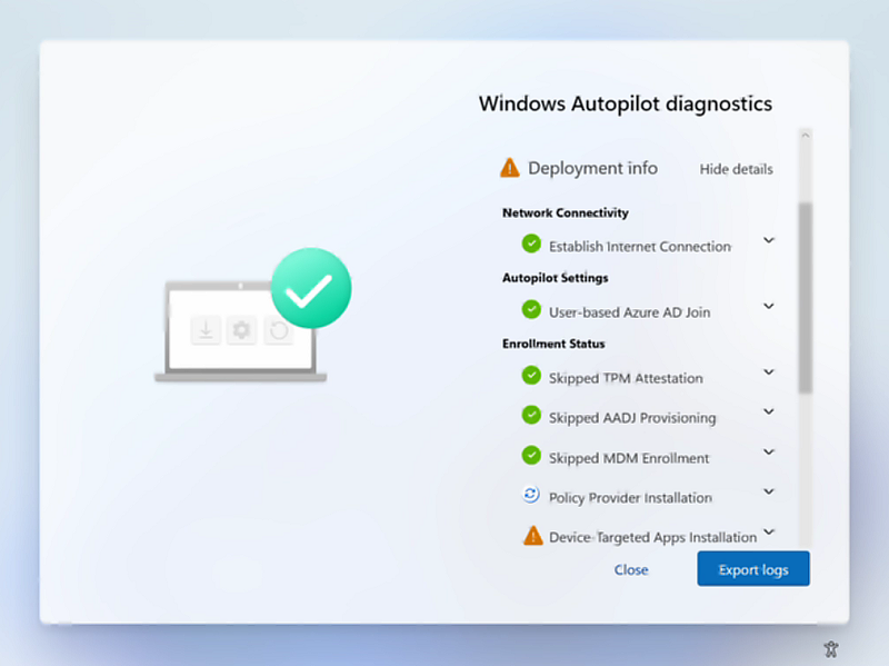 Windows Autopilot 诊断页面展开以显示详细信息。