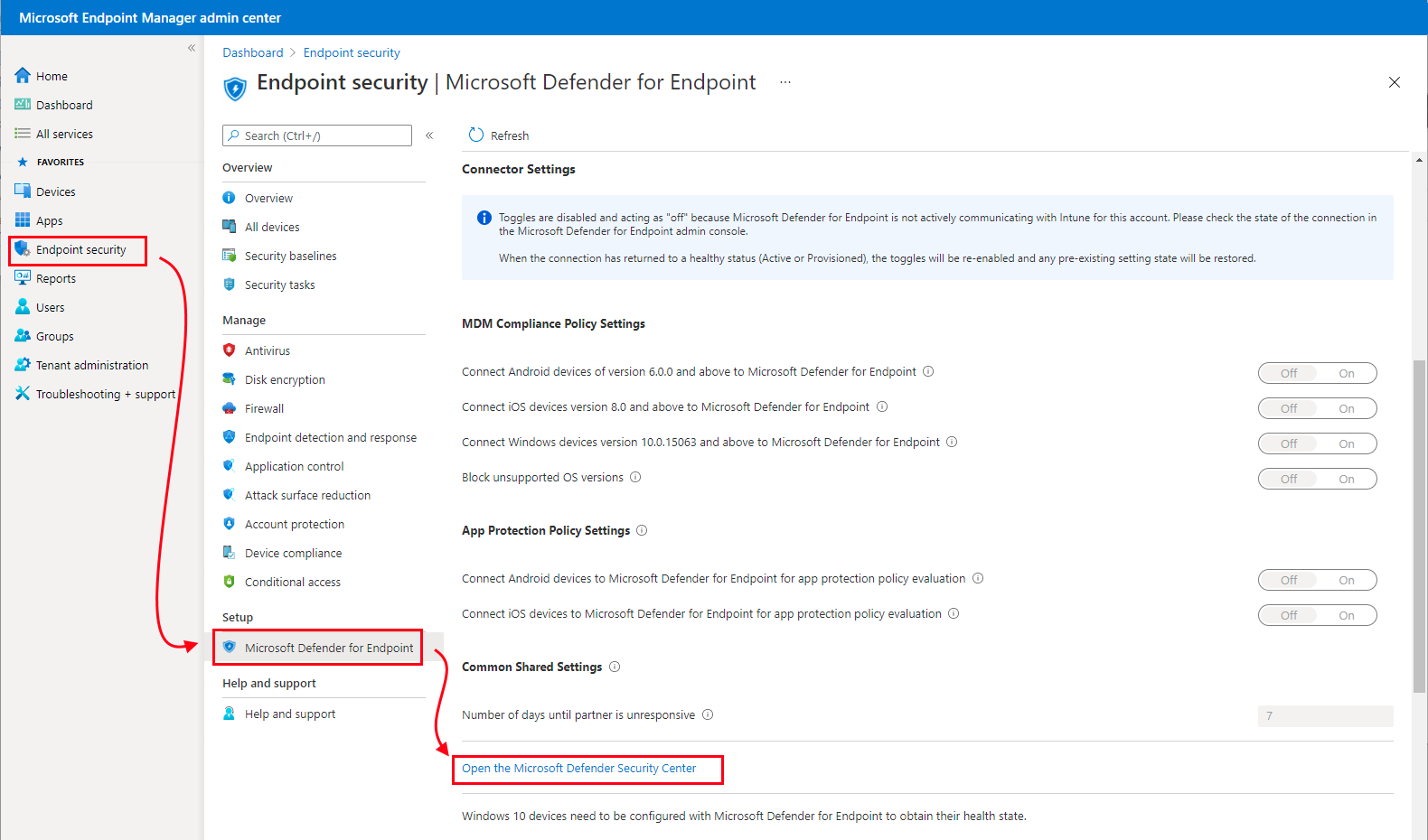 显示打开 Microsoft Defender 安全中心的修补程序的屏幕截图。