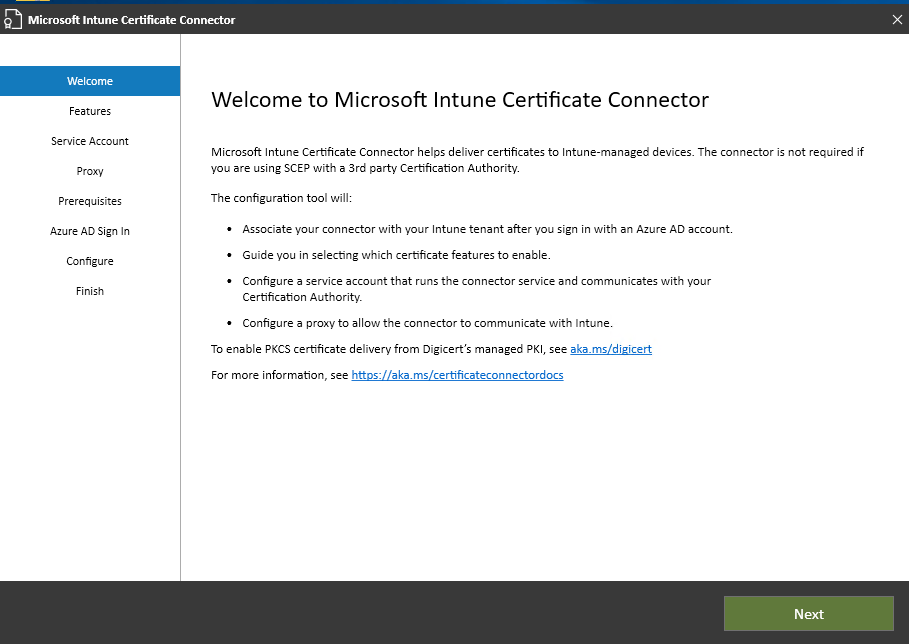 Microsoft Intune 证书连接器向导的“欢迎使用”页面。