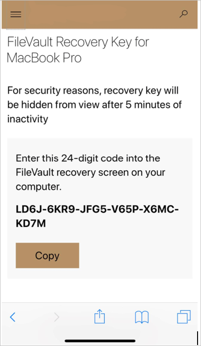 公司门户网站的屏幕截图，其中显示了恢复密钥。