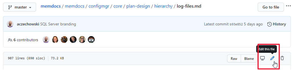 GitHub 源文件标头的屏幕截图。