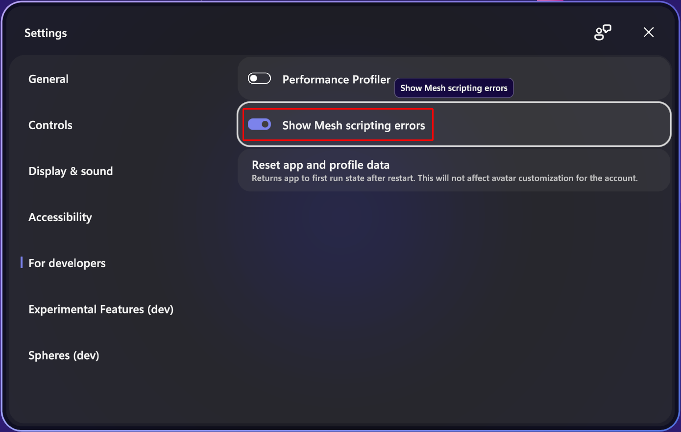 网格应用设置页面的屏幕截图,以及显示网格脚本错误的设置。