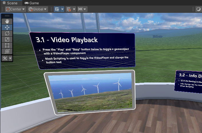 Unity场景窗口中视频播放窗口的屏幕截图，其中显示了环境中的第一个工作站