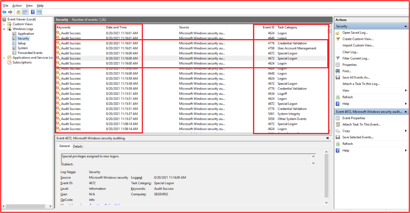 以下屏幕截图显示了来自 Windows 中安全事件的信息，事件查看器来自作用域内系统组件“SEGSVR02”。