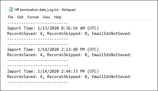 HR 连接器日志文件显示 CSV 文件中已上传的行数。