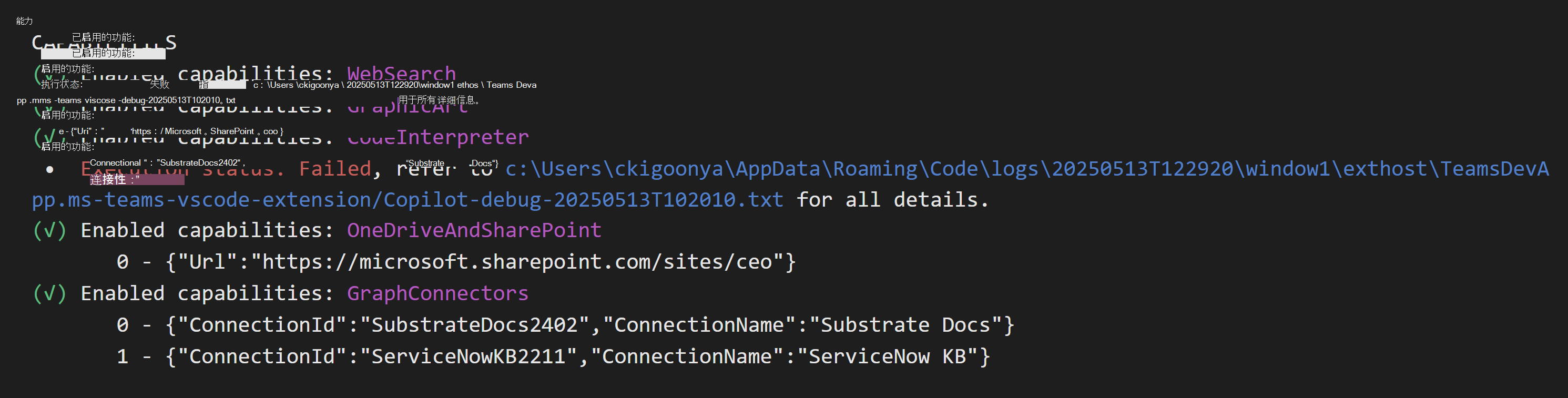 代理工具包会话的屏幕截图，其中 Copilot 返回了卡，其中调试信息显示了配置的代理功能