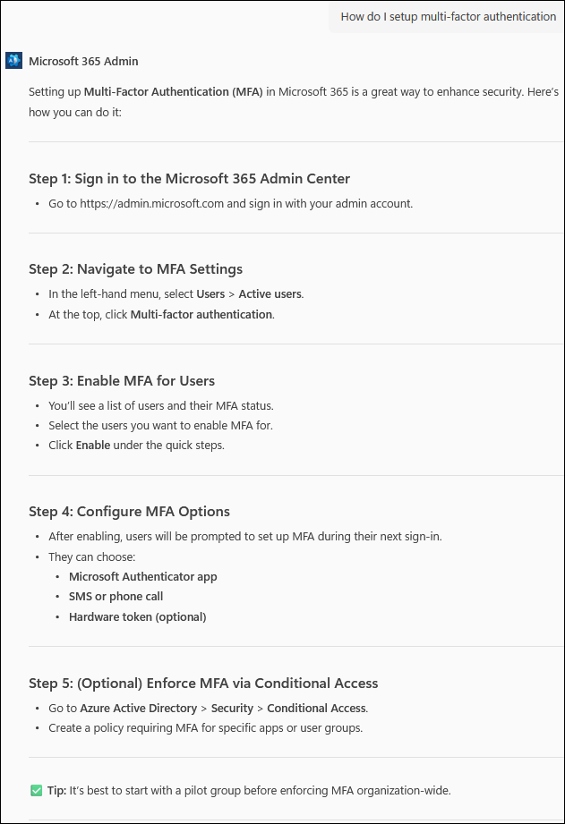 屏幕截图：Copilot 提示和响应页面，其中显示了以下问题：如何实现设置多重身份验证？