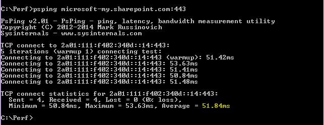转到 microsoft-my.sharepoint.com 端口 443 的 PSPing 命令。