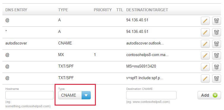 从下拉列表中选择 CNAME 类型，然后填写值。