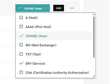 显示“类型”下拉列表中的“选择 CNAME”的屏幕截图。