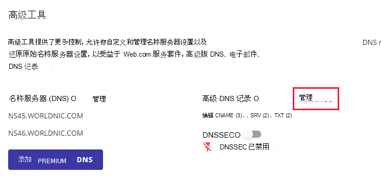 在“高级 DNS 记录”旁边，选择“管理”。