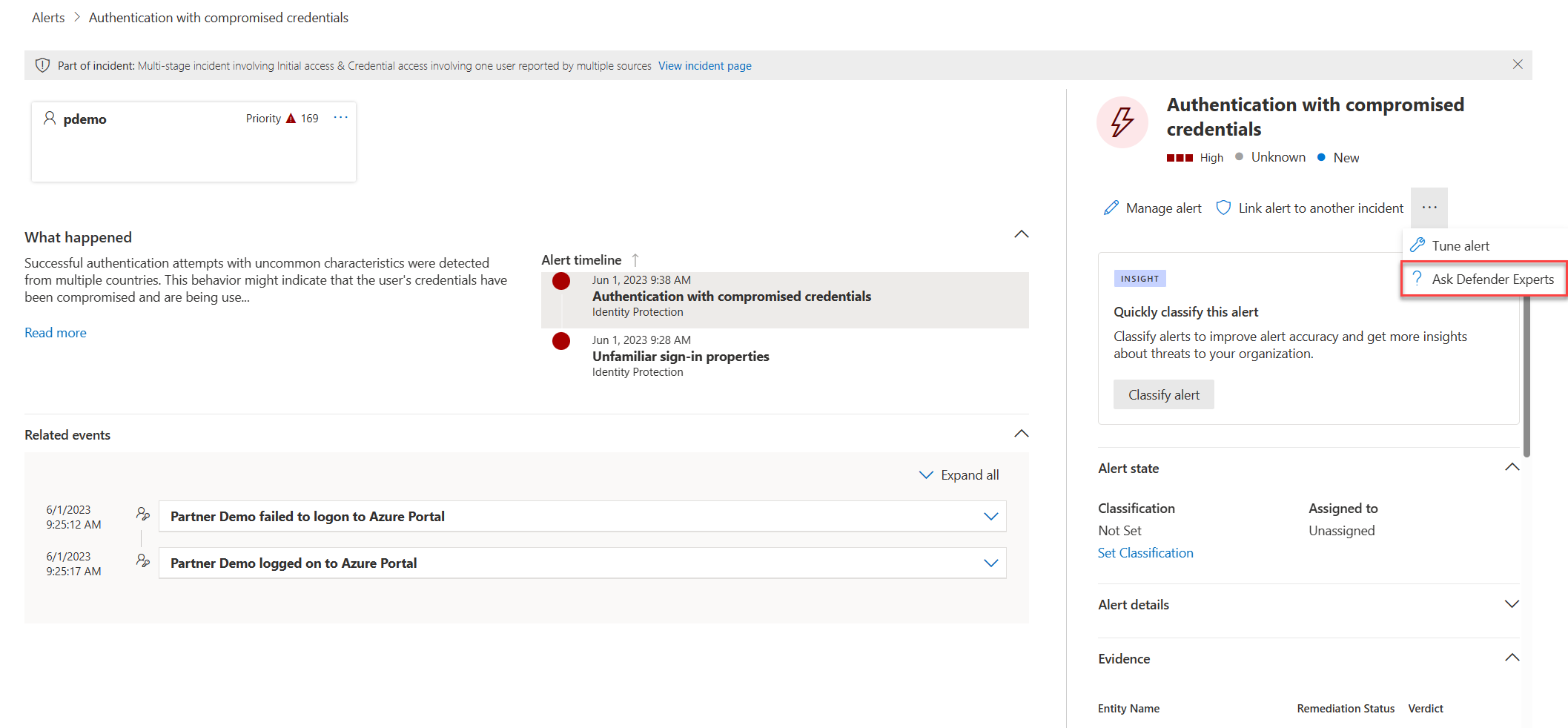 Microsoft 365 Defender门户中“警报”页浮出控件菜单中“询问 Defender 专家”菜单选项的屏幕截图。
