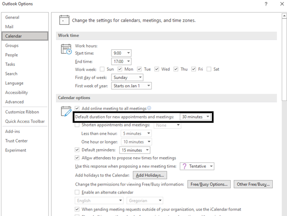 Outlook 日历 Windows 中的选项对话框，你可以在其中设置工作时间、默认会议持续时间，并选择缩短会议时间供计划程序使用。