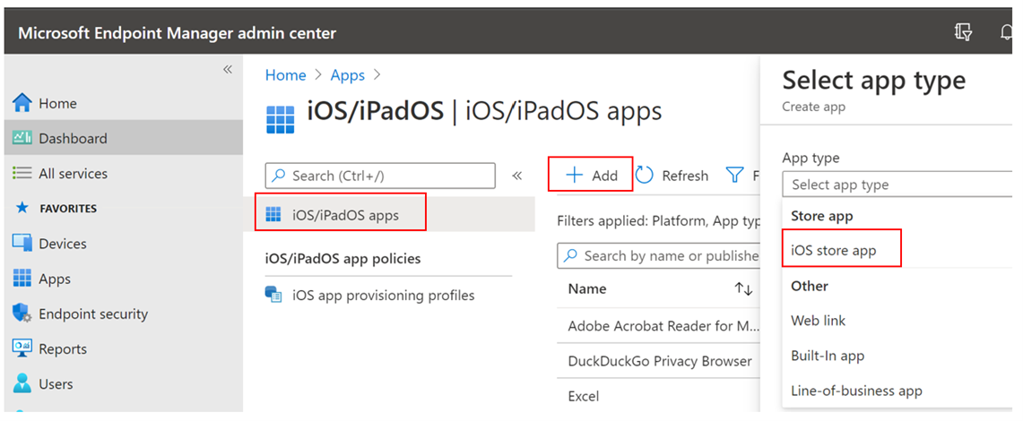 Microsoft Intune管理中心中的“添加应用程序”选项卡