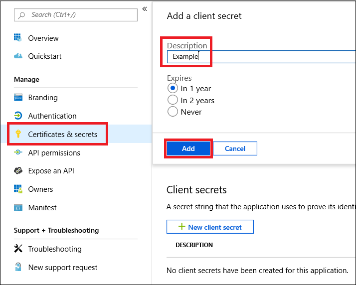 Azure Active Directory 门户“管理”窗格中的“证书 & 机密”菜单项
