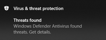 找到的防病毒威胁Microsoft Defender通知提供了获取详细信息的选项