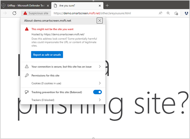SmartScreen alerts the user the site is potentially a phishing site and possibly unsafe