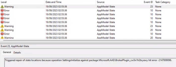 事件查看器的屏幕截图，其中显示了针对源条目 appmodel-state 筛选的结果，以及错误代码以 2147 开头的事件消息。