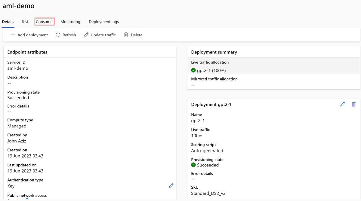 Azure ML Studio 中已部署的终结点