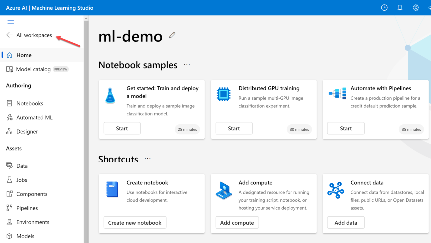 Azure 门户中的 Azure 机器学习服务