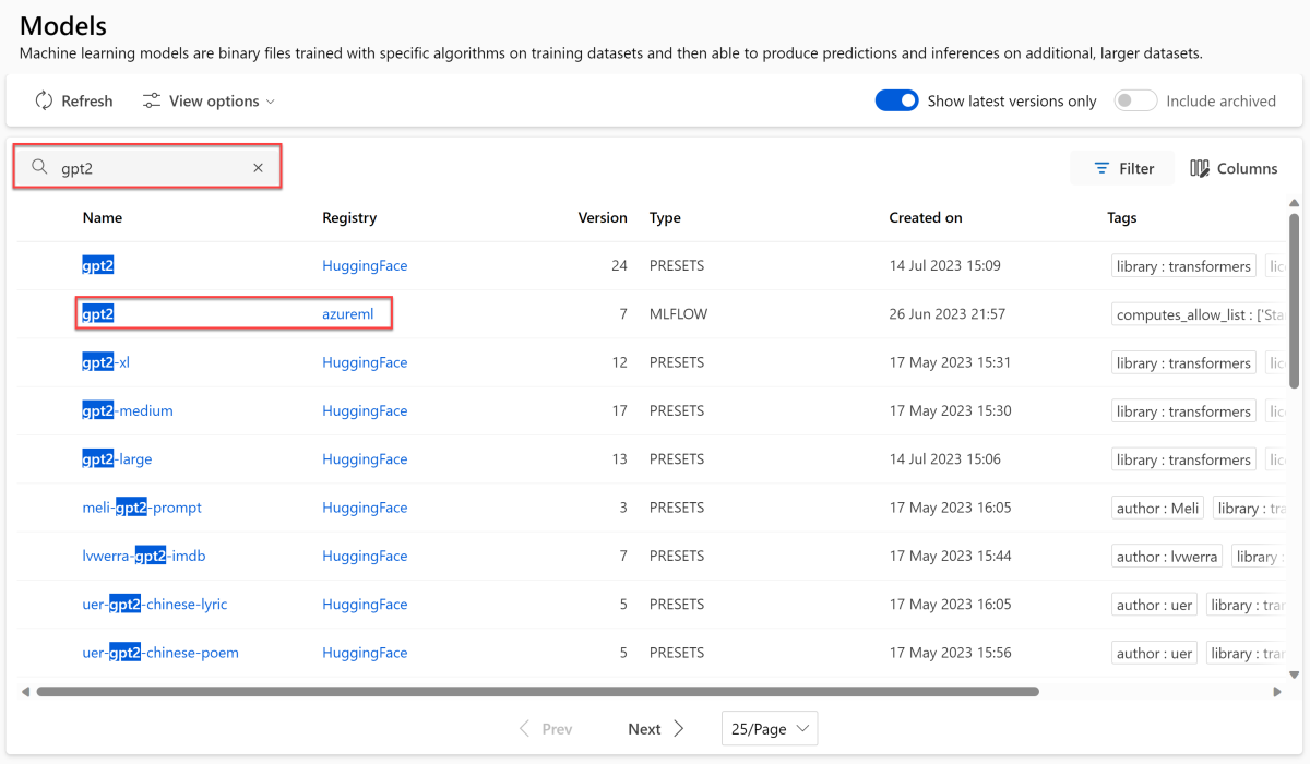 在 Azure 机器学习工作区模型页中搜索 GPT-2 模型