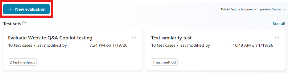 显示评估页面上创建新测试按钮的截图。