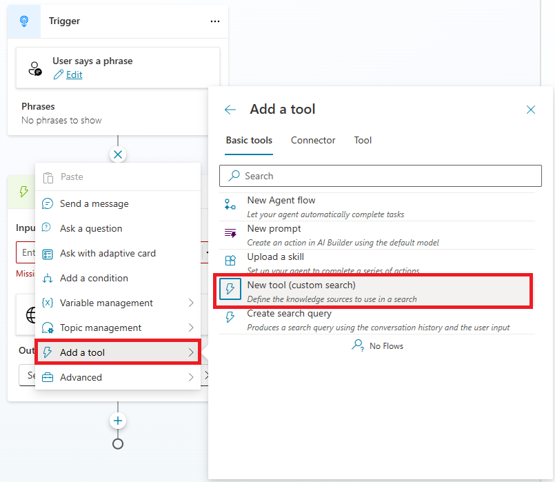 新建节点的屏幕截图，其中突出显示了“添加工具”选择并重点介绍自定义搜索。
