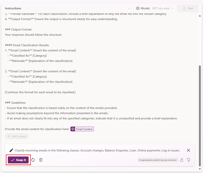 Copilot 建议的提示和“保留”按钮的截图。