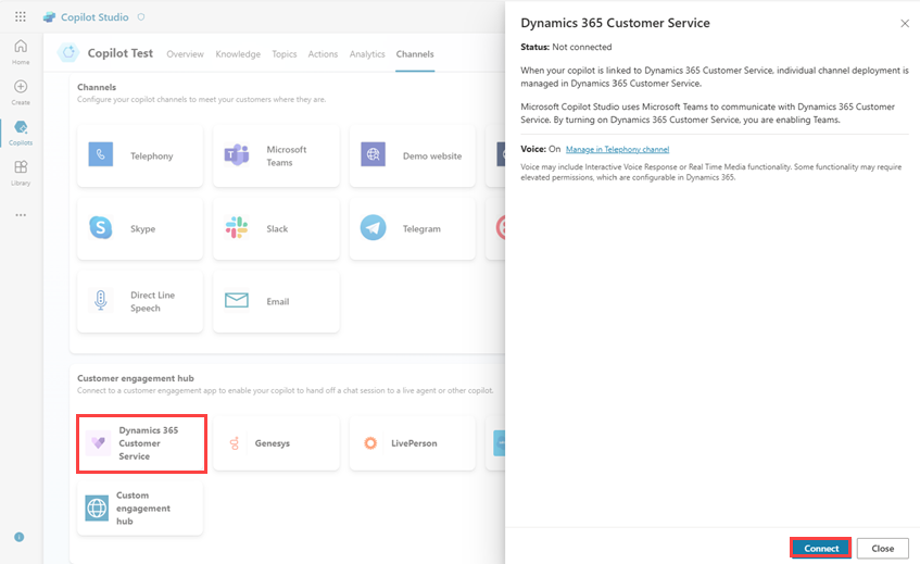 Dynamics 365 Customer Service 客户互动中心的屏幕截图，其中突出显示“连接”按钮。