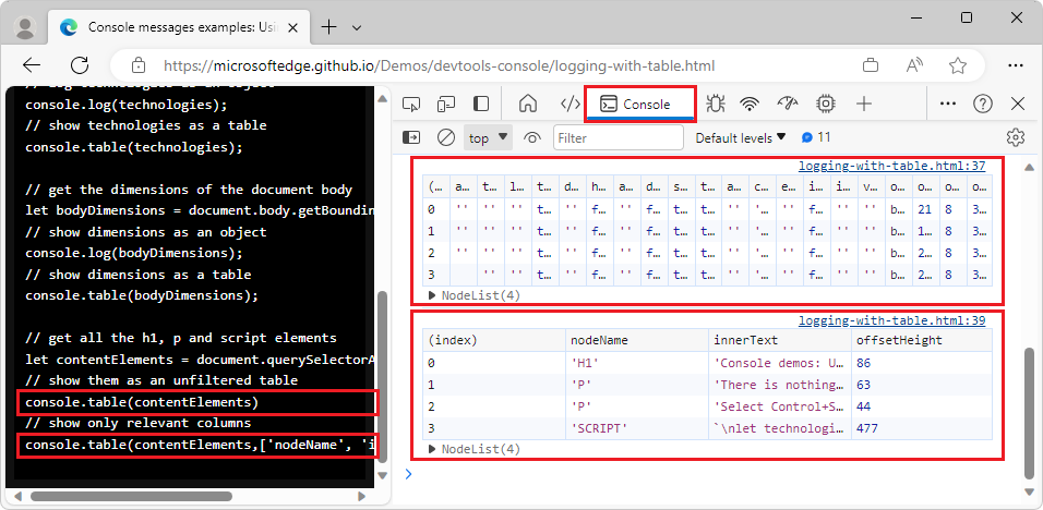 筛选“console.table”显示的信息，并提供要作为第二个参数显示的属性数组