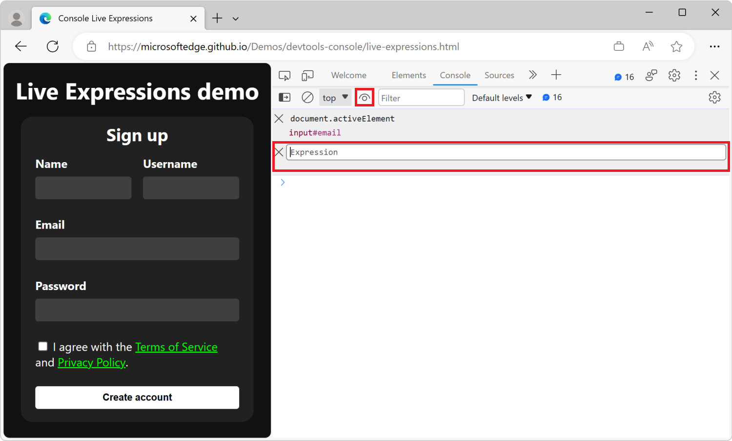 DevTools 中的控制台工具，其下有一个实时表达式和一个新的实时表达式文本框