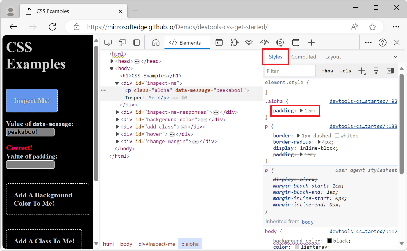 应用于已检查元素的 CSS 类在“样式”面板中突出显示