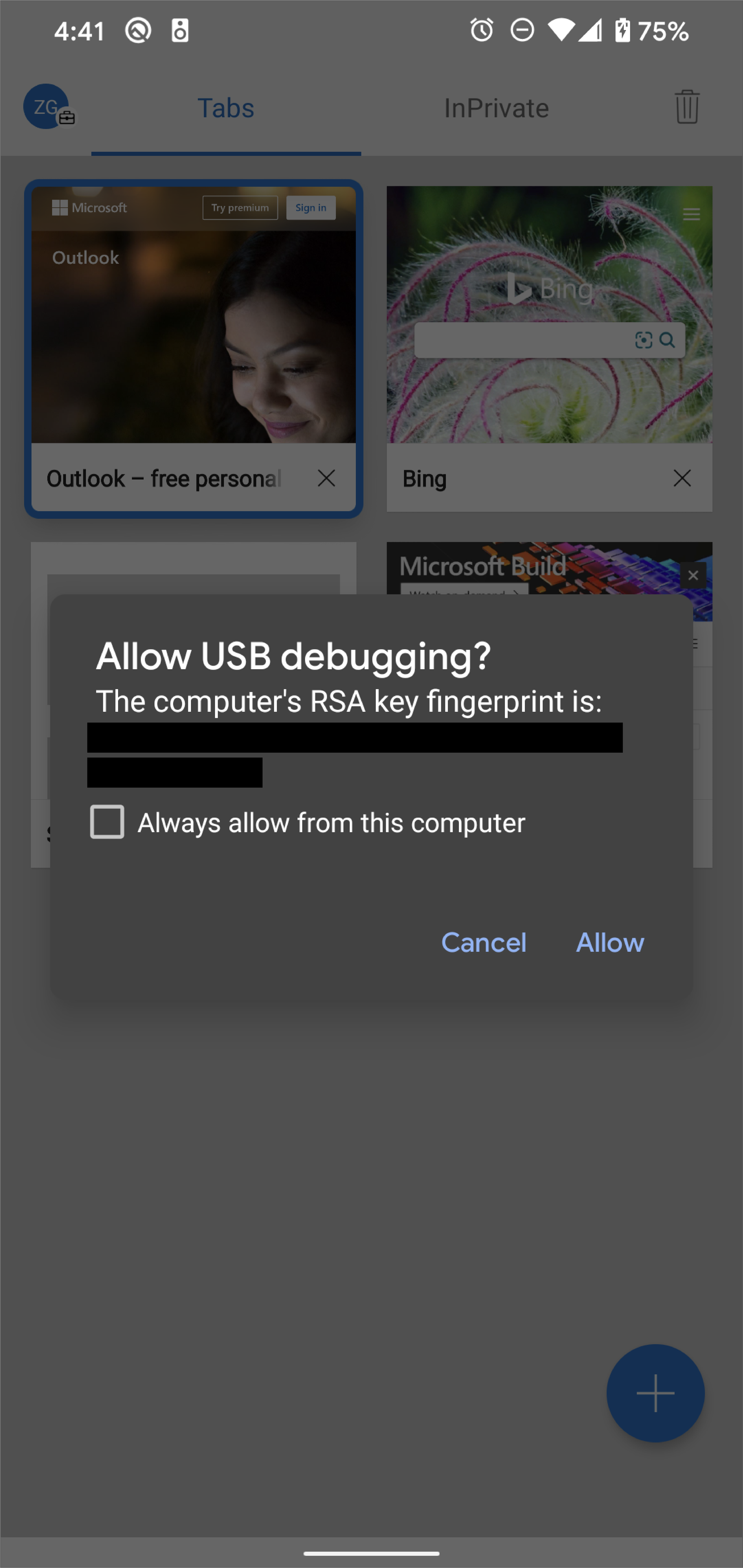 Android 设备上的“允许 USB 调试”权限提示