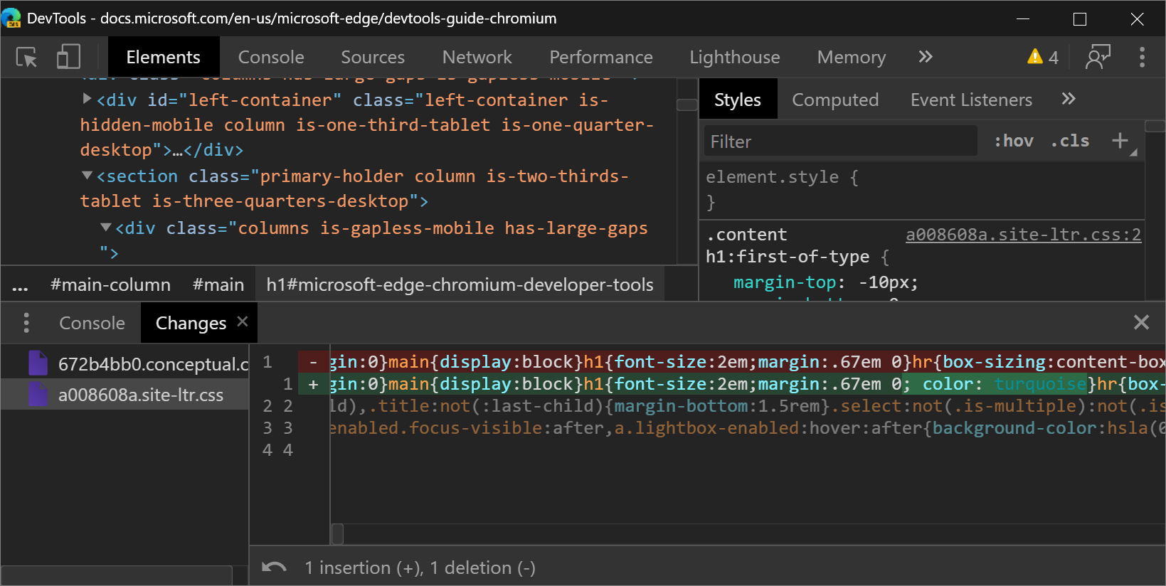 在 Microsoft Edge 83 中，可以使用箭头键水平滚动，以在“更改”工具中显示缩小的代码