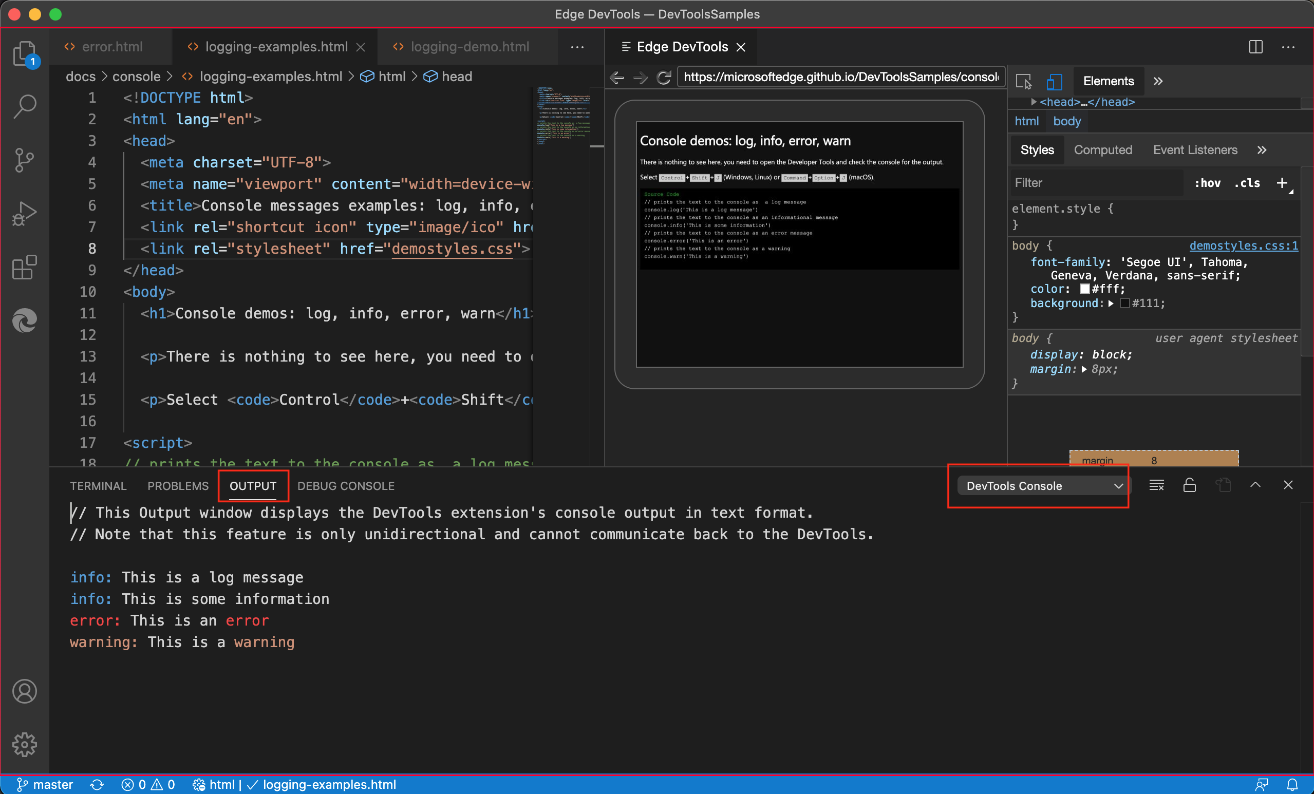 在 DevTools 控制台的“Microsoft Visual Studio Code的输出”下显示同一消息